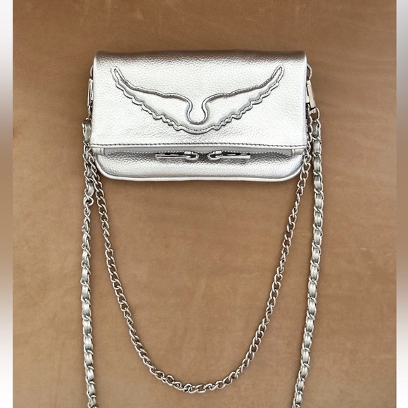Zadig & Voltaire Rock Nano Wings Silver Leather Crossbody Shoulder Clutch Bag - Picture 11 of 16